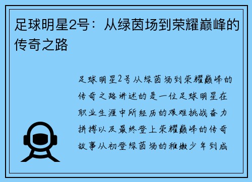 足球明星2号：从绿茵场到荣耀巅峰的传奇之路