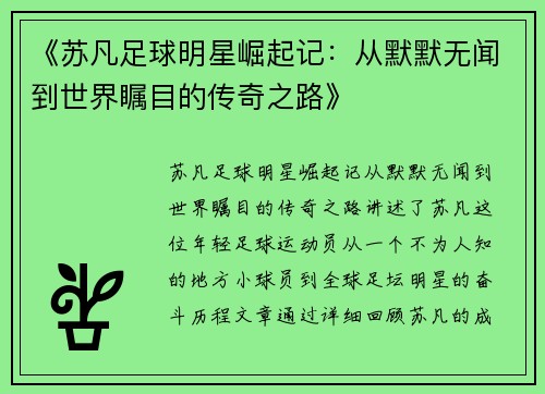 《苏凡足球明星崛起记：从默默无闻到世界瞩目的传奇之路》